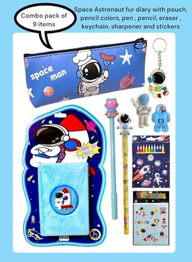 GLITREEPROPS Space Astronaut Stationery Set, 9-Piece Combo with Fur Diary, Pouch, Pencil Colours, Pens, Keychain and Stickers - Image 3
